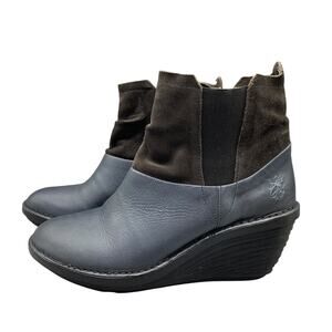 Fly London Sula Wedge Boots Size 8 Leather Bootie Blue Black Oil Suede 39